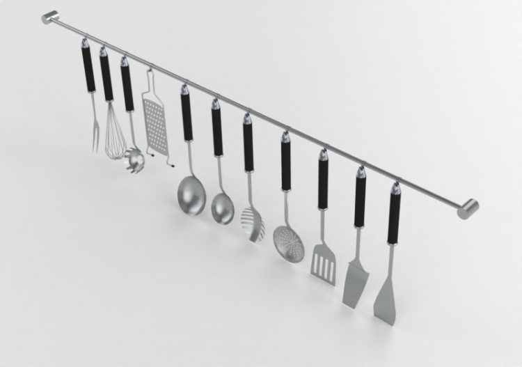 Louças e talheres 3D - Colheres de madeira e utensílios...