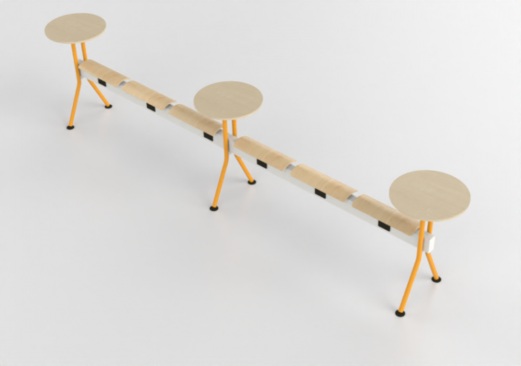 3D Stühle - Bank mit Sitz-Teil aus Holz und Tische -...