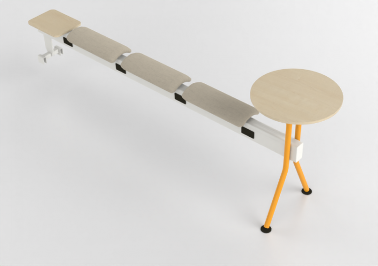 Chaises 3D - Banc avec assise en tissu et petites tables -...