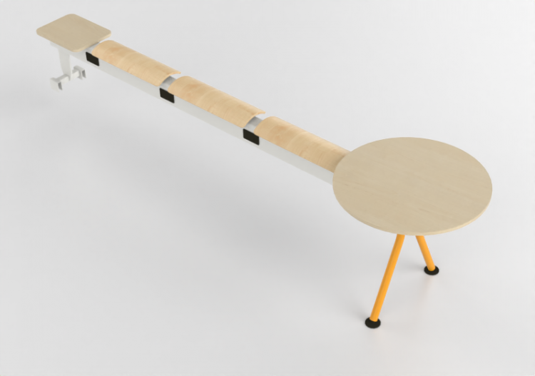 Chaises 3D - Banc avec assise en bois et petites tables -...